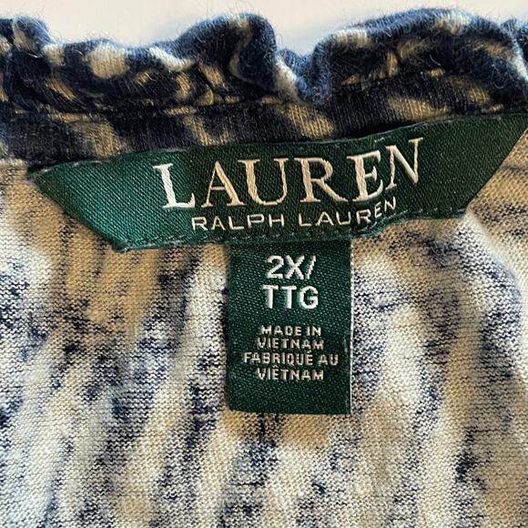 Lauren Ralph Lauren Navy Batik Peasant Top Womens 2X Linen Ruffle Tasseled Knit - Picture 6 of 9